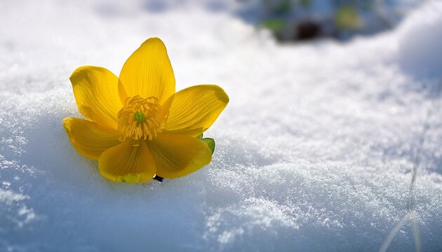 Yellow Winter Aconite Flower Blooming Through Fresh White Snow In Early Spring