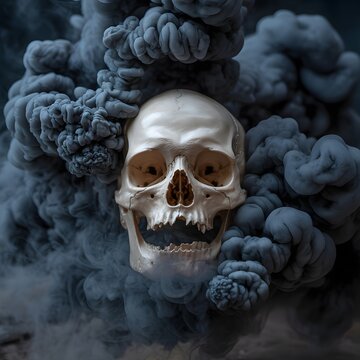 Ancient human skull nestled within ominous dark swirling smoke plumes creating a mystic scene