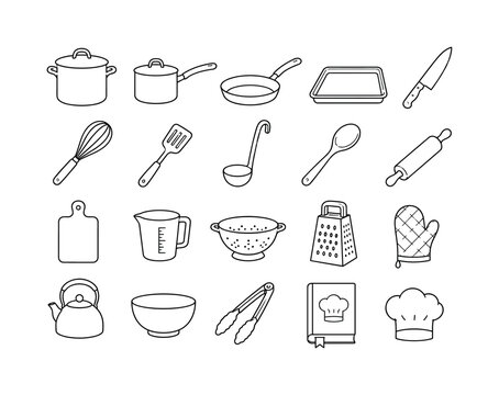 Culinary Kitchen Tools, line icon set of exactly 20 clean outline kitchen utensils and cookware objects arranged in a 5x4 grid: stockpot, saucepan, frying pan, baking tray, chef knife, whisk, spatula,