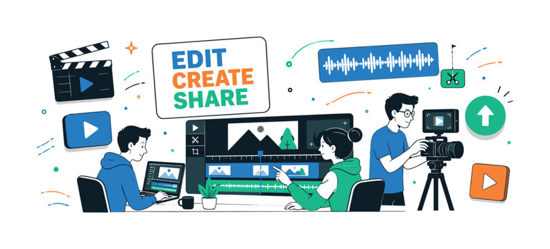 Video Production Workflow ? clean editorial banner with three geometric creators editing media around an oversized video timeline and large camera monitor, supported by a clapperboard, play button