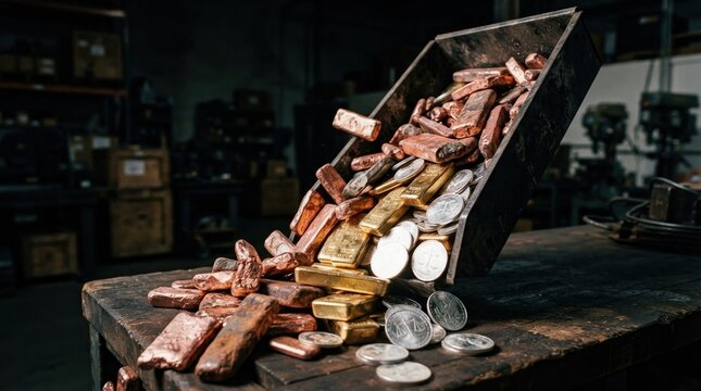 Gold bars, silver rounds, and copper cathodes spilling from a tipped metal tray during a precious metals market retreat.