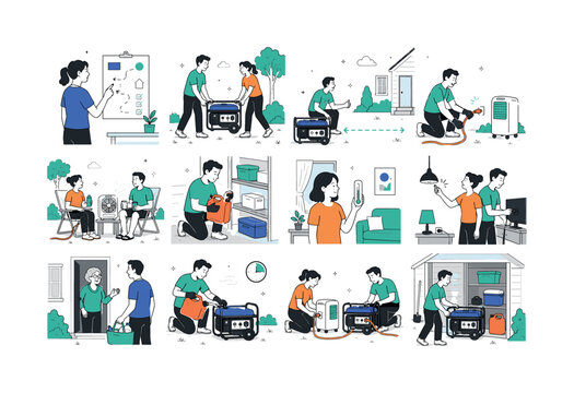 Emergency Power During Heatwave. Residential resilience, safe generator use, cooling systems, energy outages and climate emergencies. 12 minimalist editorial vector scenes: a homeowner checks the