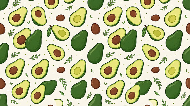 Seamless pattern with cute pixel art avocado fruit halves and whole avocados in retro video game style for healthy food design and digital wallpaper