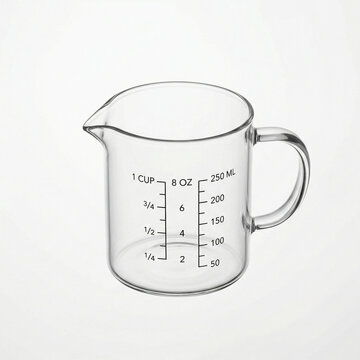 Clear glass measuring cup with measurement markings on white background  