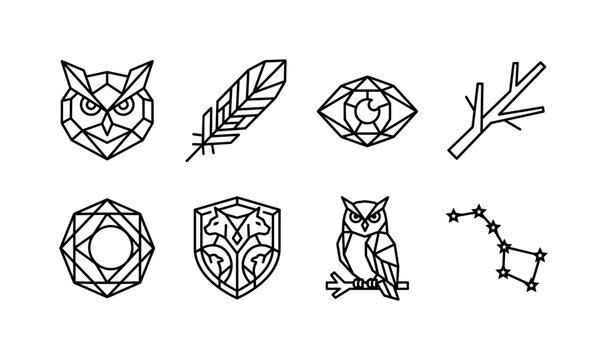 Geometric Owl Symbols, line icon set featuring owl head, feather, polygonal eye symbol, branch, moon badge and wildlife shield, covering owls, animals, wisdom and modern geometric design without