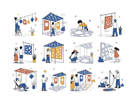 Festival Shadow Art Pavilion. Outdoor installations, shade structures, immersive art, summer festivals, creative design, public spaces, and cultural events. 12 minimalist editorial vector scenes: