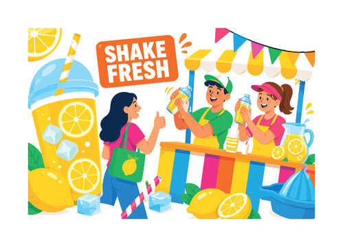 Lemon Fair Refreshment banner showing two expressive fair vendors shaking fresh lemonade for a smiling visitor, with an oversized lemon drink cup and oversized striped stand counter, plus whole