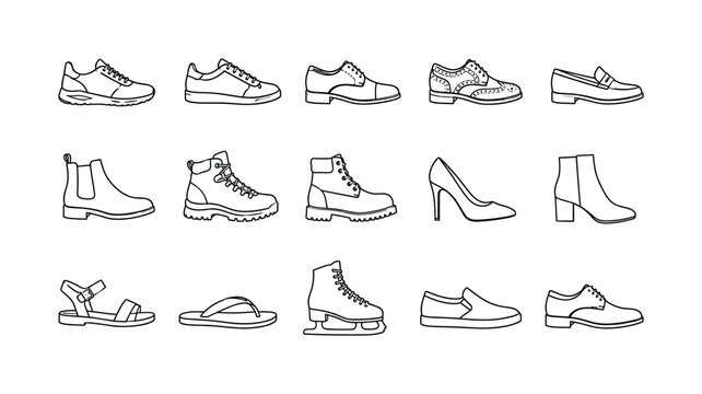 Modern Footwear Collection ? Line icon set with exactly 15 clean outline footwear icons arranged in a 5x3 grid: running sneaker, casual trainer, Oxford shoe, brogue shoe, loafer, Chelsea boot, hiking