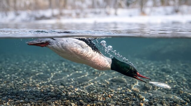 common merganser chasing fish underwater in a clear winter river