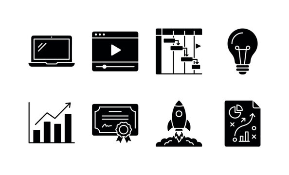 Online Business Course, solid glyph icon set featuring laptop, video lesson, project plan, light bulb, finance chart, certificate, launch rocket and strategy document, covering project development,