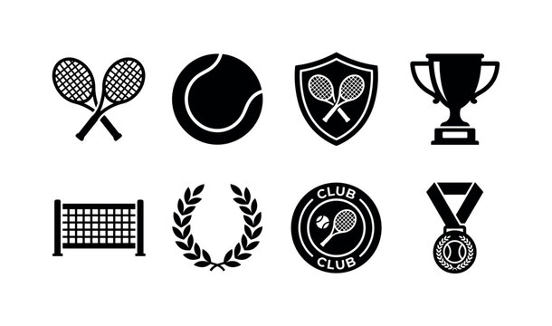 Crossed Racket Symbols, solid glyph icon set featuring crossed tennis rackets, tennis ball, sports shield, trophy, net, laurel, club badge and tournament medal, covering tennis branding, sports clubs,