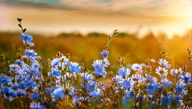 Blue Flowers Of Chicory Common Chicory Cichorium Intybus Summer Landscape
