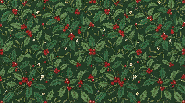 Seamless pattern with green holly leaves and red berries for winter holiday background