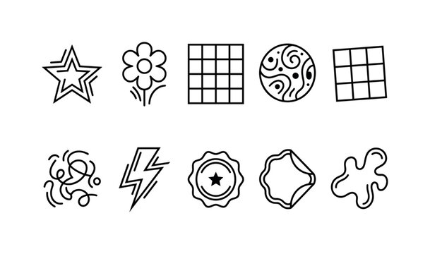 Retro Y2K Elements, line icon set featuring star, flower, checker tile, circle, grid, squiggle, lightning bolt, badge, sticker and abstract blob, covering 90s graphics, Memphis design, posters, modern