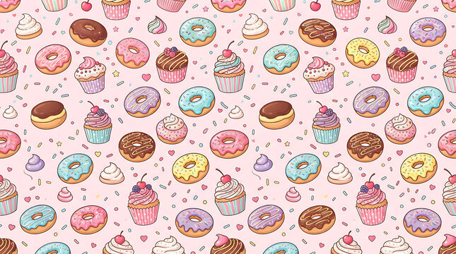 Seamless pattern background with pixel art colorful donuts and cupcakes on a soft pink surface for cute food design and sweet bakery wallpaper projects