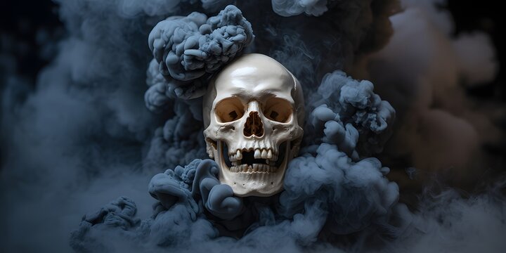 Detailed human skull surrounded by ethereal blue smoke, symbolizing mortality and hidden dangers in a captivating display