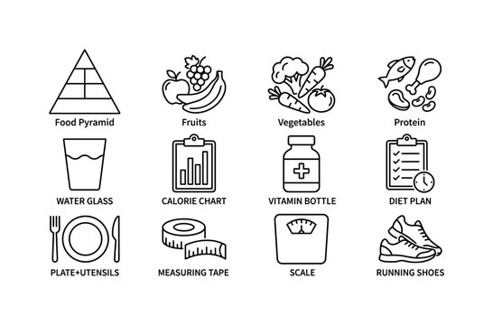 Nutrition Health Tools, line icon set featuring food pyramid, fruit, vegetable, protein symbol, water glass, calorie chart, vitamin bottle, diet plan, covering nutrition, healthy eating, diet,