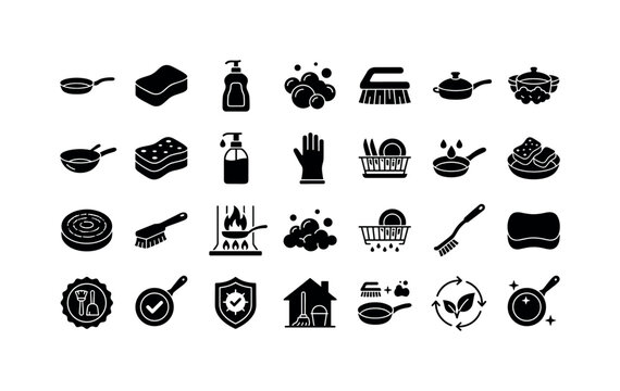Frying Pan Dishwashing, solid glyph icon set featuring frying pan, sponge, detergent, foam symbol, rubber glove alternative, dish rack, scrub brush, kitchen-cleaning badge, covering dishwashing,