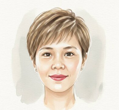 Watercolor pixie cut woman portrait illustration, beautiful short hair female character art