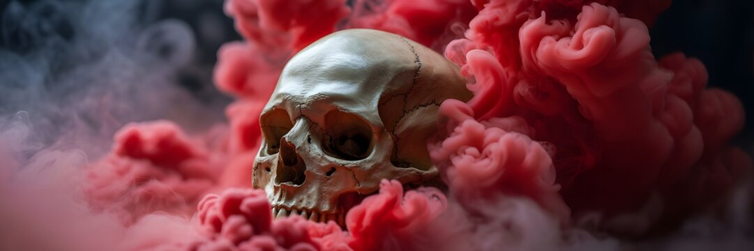 Detailed side profile of a human skull engulfed by vibrant red smoke clouds and dark mist
