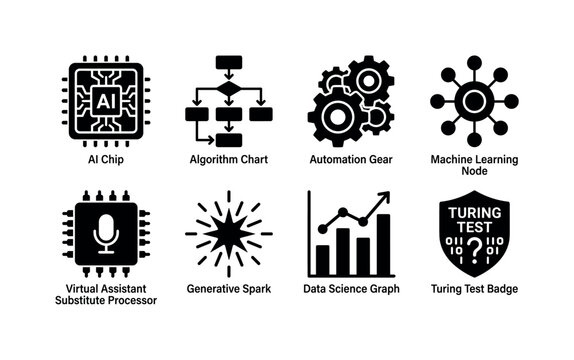Artificial Intelligence Suite, solid glyph icon set featuring AI chip, algorithm chart, automation gear, machine learning node, virtual assistant substitute processor, generative spark, data science