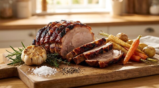 Delicious roasted ham with fresh vegetables and herbs on a rustic wooden cutting board in kitchen. pork shoulder recipe