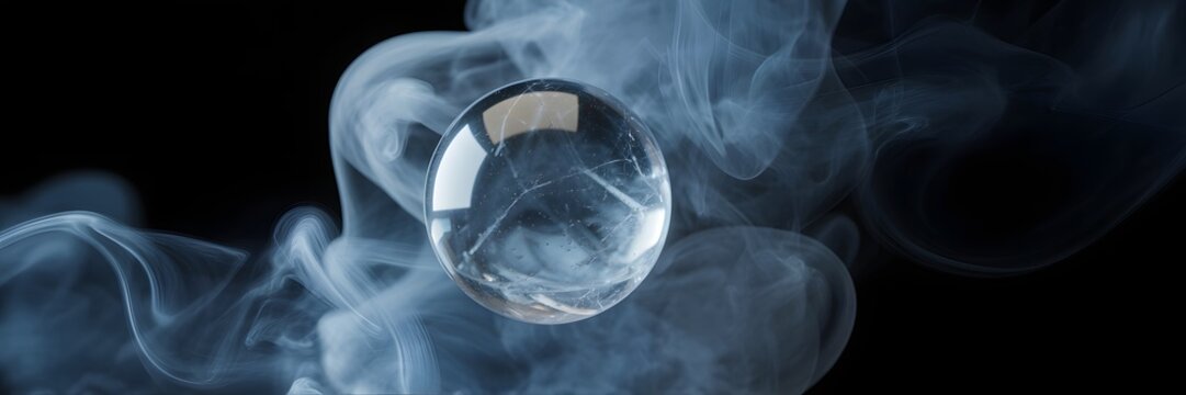 Elegant crystal ellipsoid encased in billowing clouds of ethereal smoke on a profound dark stage