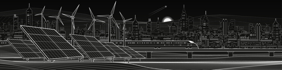 Fototapeta na wymiar Modern line art illustration of a smart city with solar panels, wind turbines and high-speed rail. Sustainable energy, clean infrastructure and future urban technology concept.