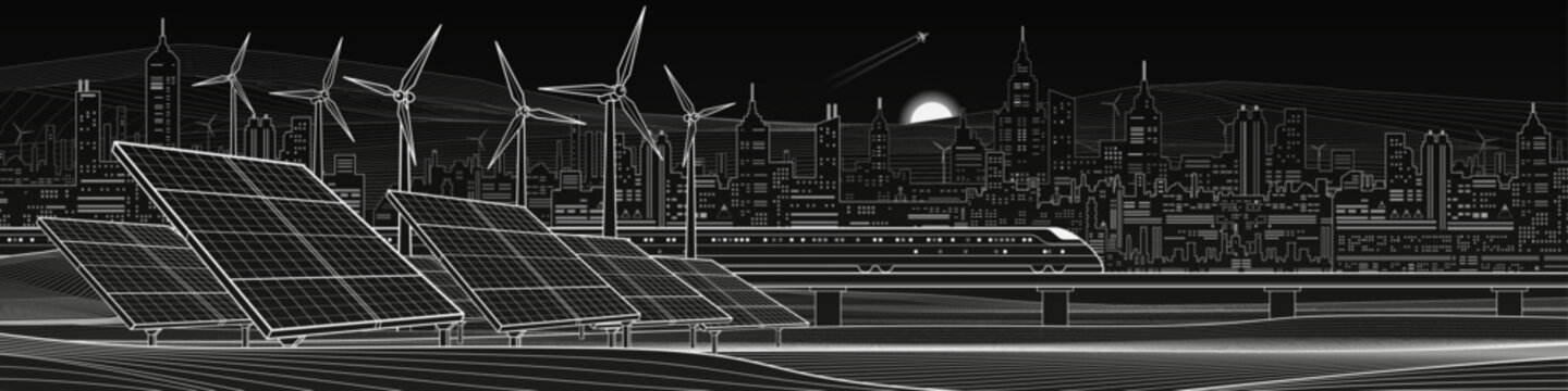 Modern line art illustration of a smart city with solar panels, wind turbines and high-speed rail. Sustainable energy, clean infrastructure and future urban technology concept.