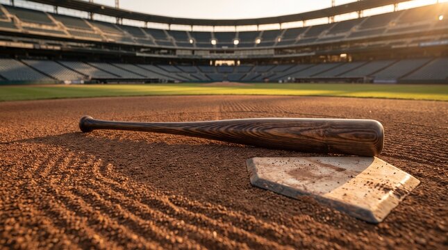 Wooden baseball bat on home plate in a sunlit stadium