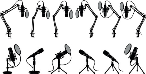Professional Studio Microphone Icon Set Featuring Black Silhouette Scissor Boom Arm Stands, Pop Filters, Shock Mounts, and Desktop Tripod Audio Hardware © Nittika