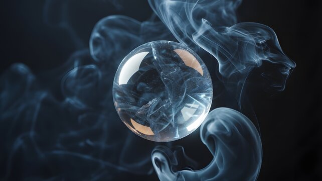 Floating transparent crystal orb engulfed by swirling mystical smoke on a dark surface