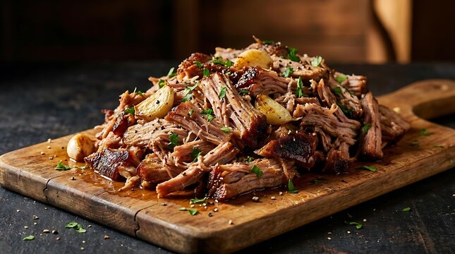 Delicious shredded beef brisket served on a rustic wooden cutting board for a gourmet dinner meal. pork shoulder recipe