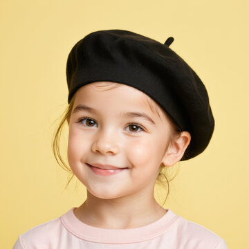 Happy smiling little girl wearing black french beret with arms crossed portrait against yellow background.