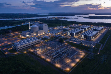 Fototapeta premium Aerial modular reactor and data center at dusk