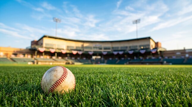 Close-up of Baseball on Green Field with Blurred Stadium Background