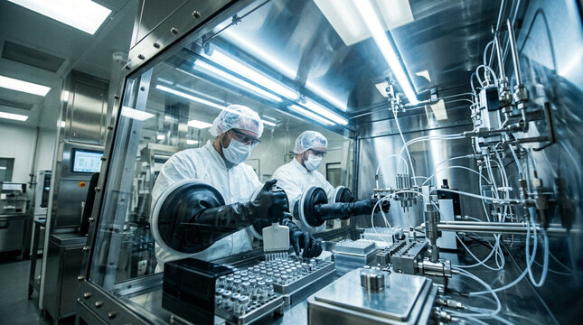 Male scientists in protective suits working in a sterile laboratory isolator, processing medical vials with pipettes for pharmaceutical development and high-tech quality control.