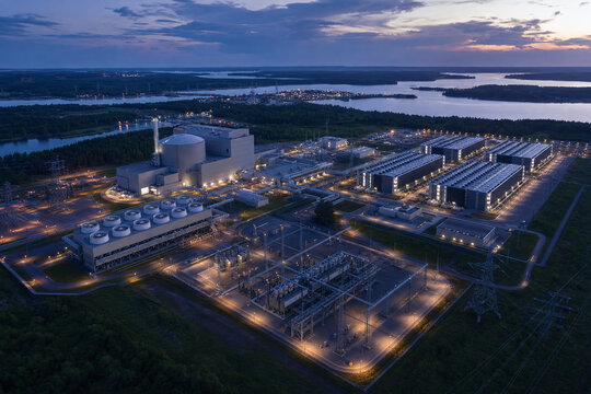 Aerial modular reactor and data center at dusk