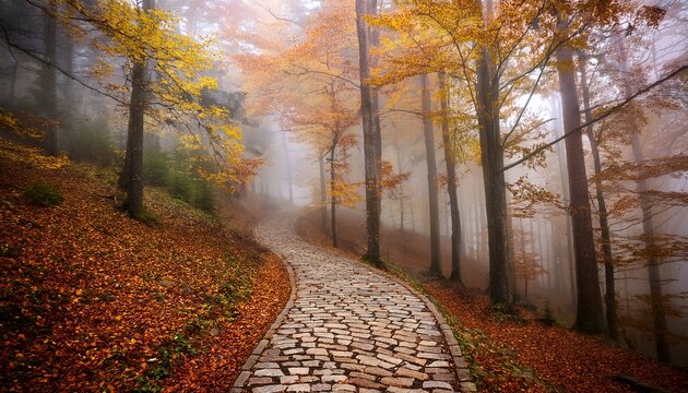 Winding Stone Path Through Foggy Autumn Forest Landscape