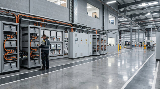 Industrial technician inspecting large-scale battery energy storage systems (BESS) and electrical control cabinets with orange high-voltage cabling in a modern warehouse facility.