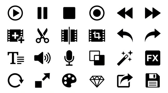 Collection of black media player and multimedia control icons on white background.