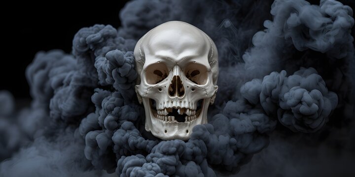 Human skull emerging from dark swirling smoke clouds against a profound black