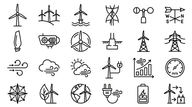 Collection of black and white weather and climate icons for environmental design.