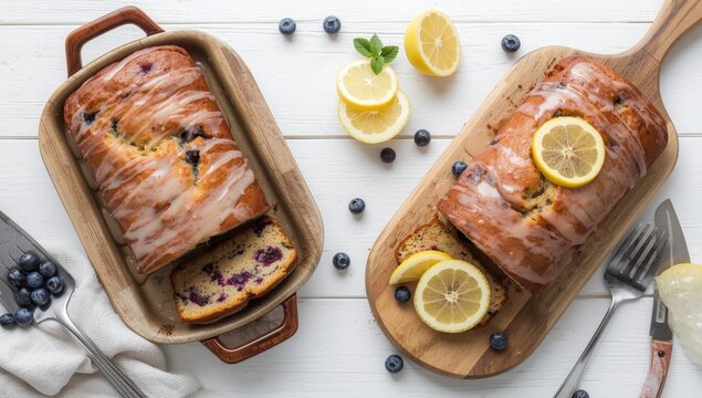 Top-down view of lemon blueberry bread with glaze on a plate and slices on a cutting board, surrounded by ingredients and a cake server, on a white wooden table with empty space.