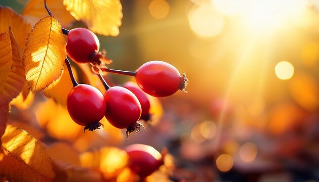 Red Rose Hip Berries Among Golden Autumn Leaves With Warm Sunlight And Soft Bokeh