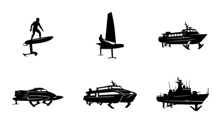 Obraz premium Modern Hydrofoil Watercraft Silhouettes, Set of 6 Futuristic Marine Vessels, Dynamic Water Sports and Transportation Icons