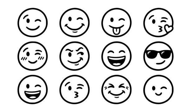 Cute Winking Smiley Face Outline Vector Set