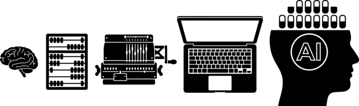 Evolution of Computing Concept Set Showing Black Silhouette Human Brain, Abacus, Vintage Mechanical Calculator, Laptop Computer, and Artificial Intelligence AI Head