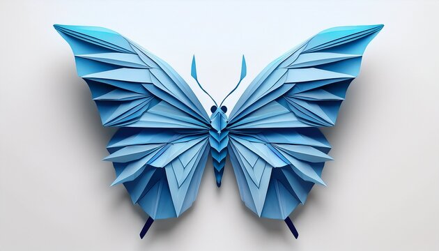 Blue Origami Butterfly On A Clean White Surface Traditional Japanese Paper Folding Art Symbolizing Transformation And Imagination