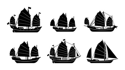 Set of Six Black Silhouette Junk Boats, Traditional Chinese Sailing Vessels, Maritime Travel and Nautical Exploration Icons © Nusrat